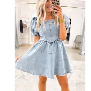 GeeGee Puff Sleeve Denim Dress Size Large Jean Smocked Babydoll Full Skirt